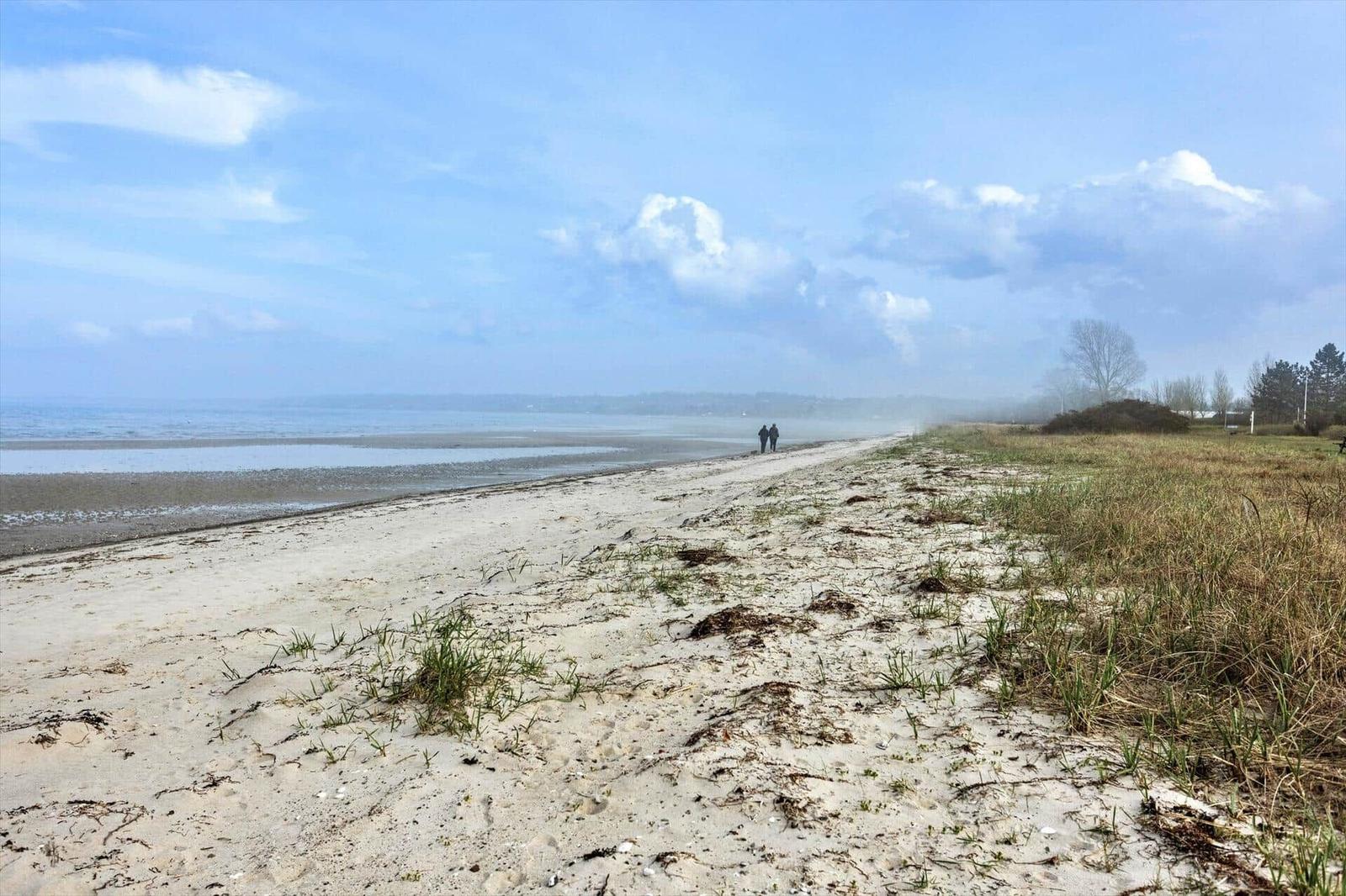 Beach with sand and grass, two people walk along the water.