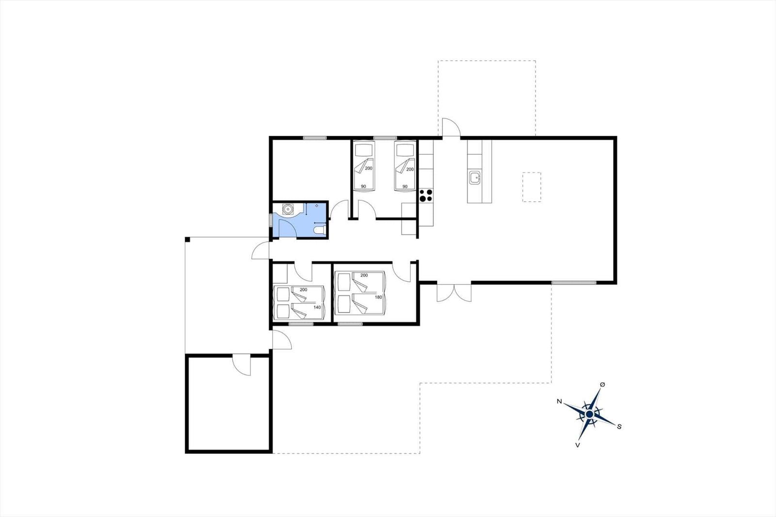 Floor plan with three bedrooms, kitchen, and bathroom. Orientation with compass.