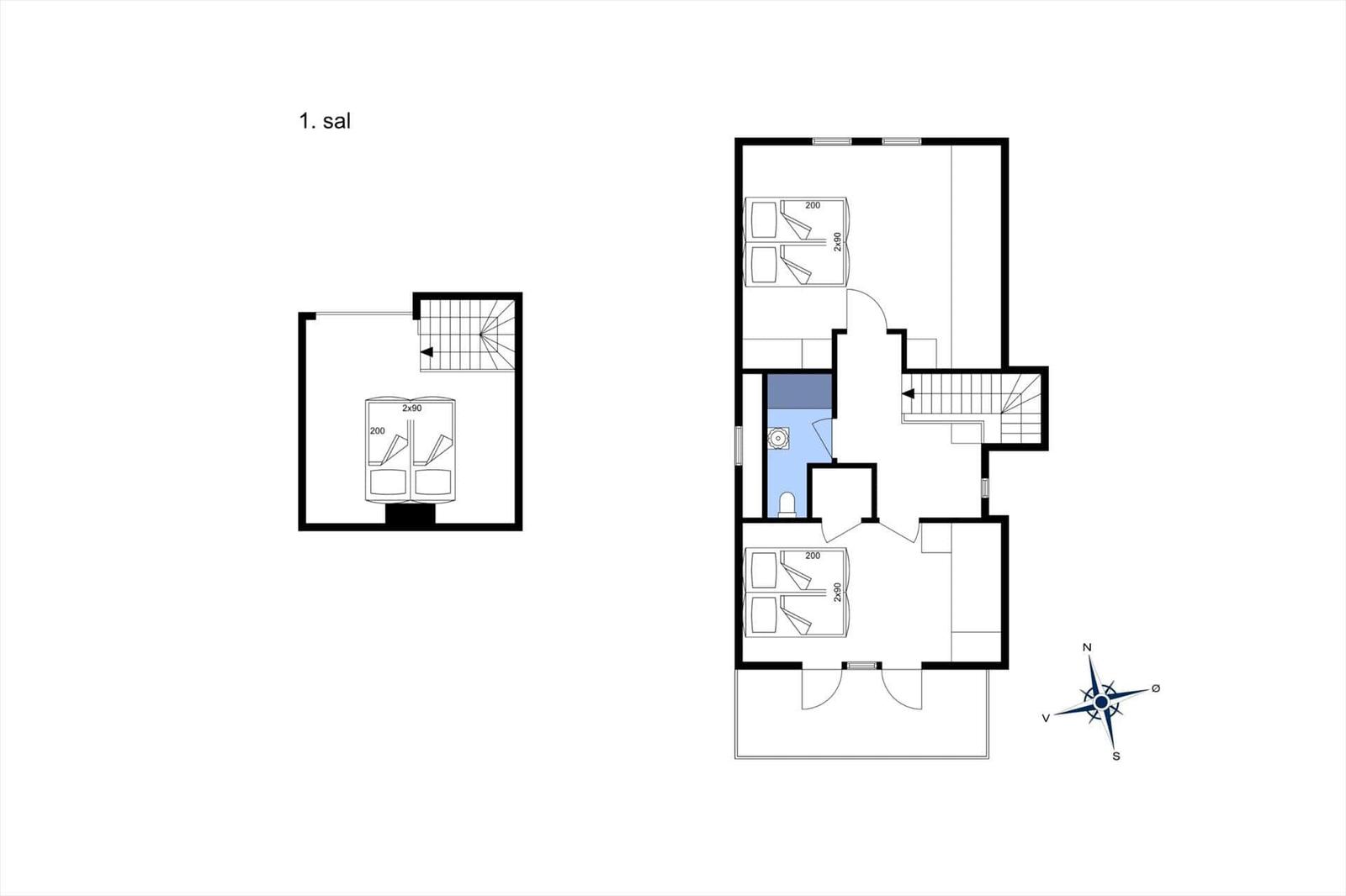 Gebäudegrundriss mit zwei Schlafzimmern, Bad und Treppe zur ersten Etage.