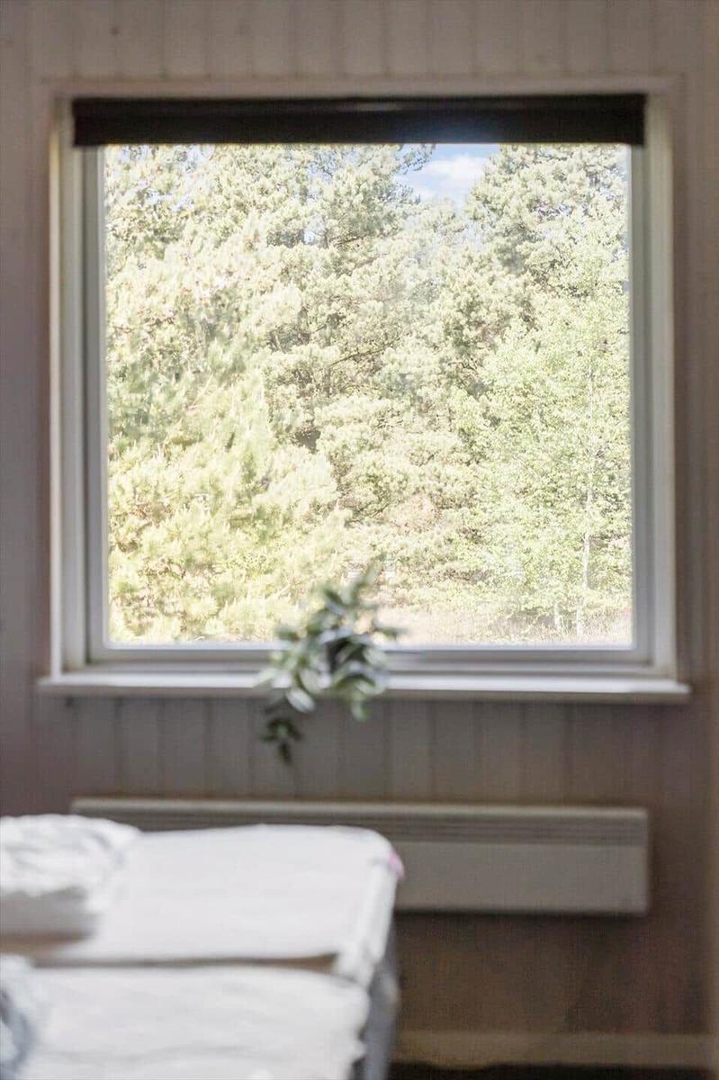 Ein Fenster mit Blick auf einen Wald. Darunter steht ein Bett mit weißer Bettwäsche.