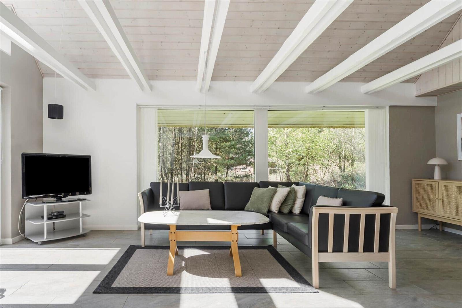 Wohnzimmer mit Sofa, Couchtisch und Fernseher. Große Fenster mit Blick auf Wald.