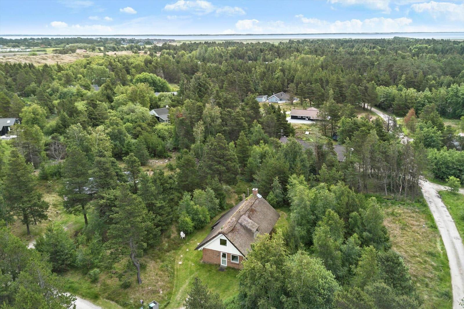 Haus mit Strohdach in Wald, Blick auf Wasser im Hintergrund.