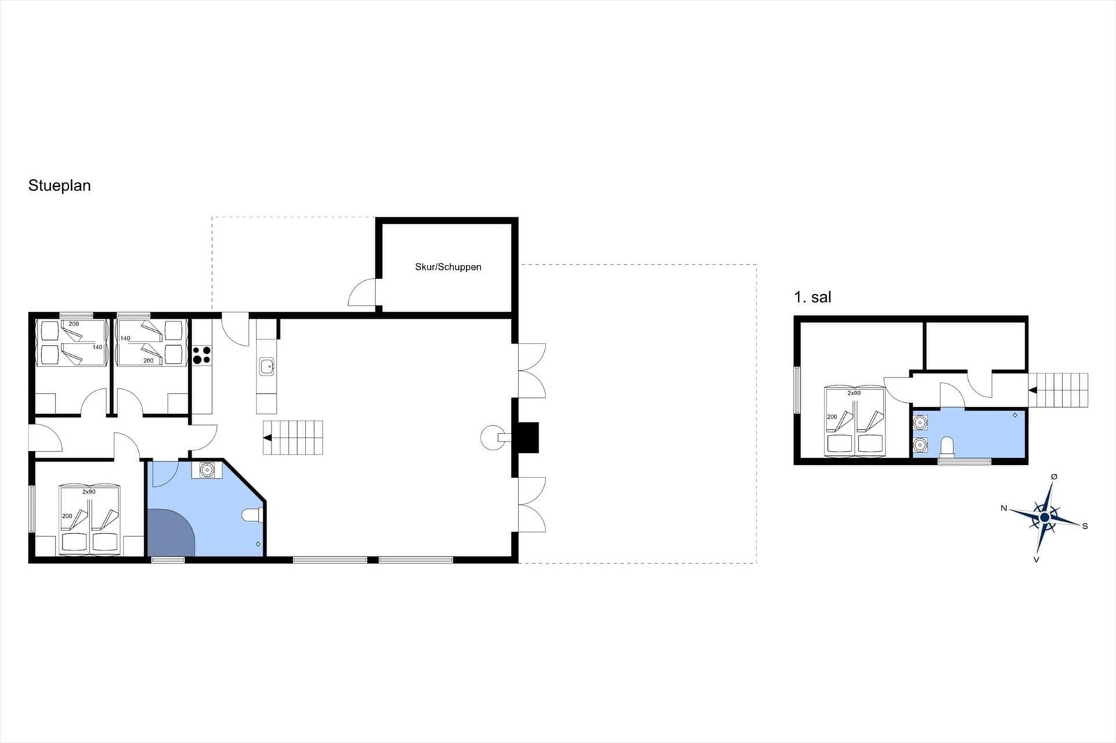 Stueplan zeigt Wohnbereich, Schlafzimmer und Bad mit Skur/Schuppen.