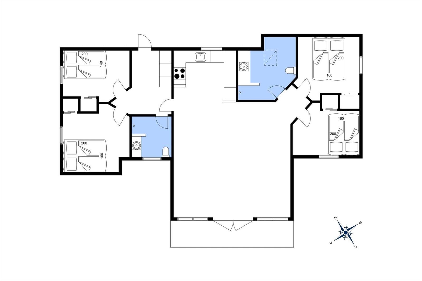 Functional floor plan with three bedrooms, kitchen, and two bathrooms.
