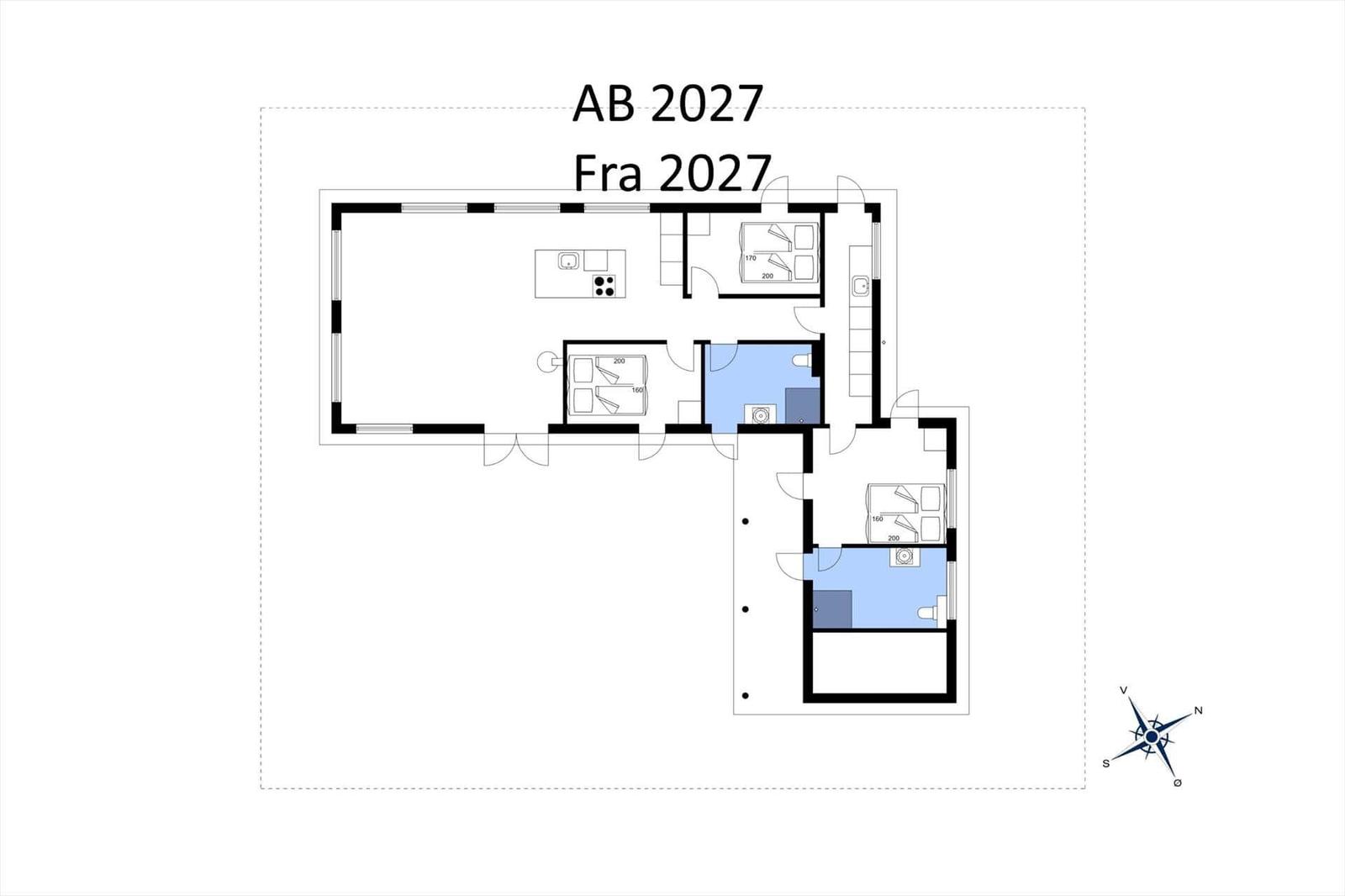 Floor plan of a vacation rental with multiple rooms and a kitchen area.