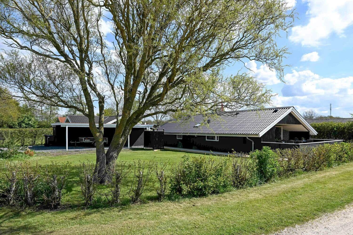 Schwarzes Haus mit Dach und Garage unter großem Baum auf grünem Grund.