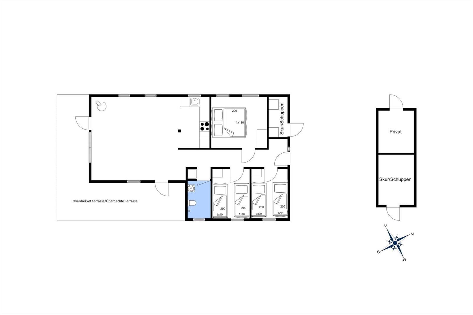 Geschossplan mit Wohnbereich, Küche, Schlafzimmer und überdachter Terrasse.
