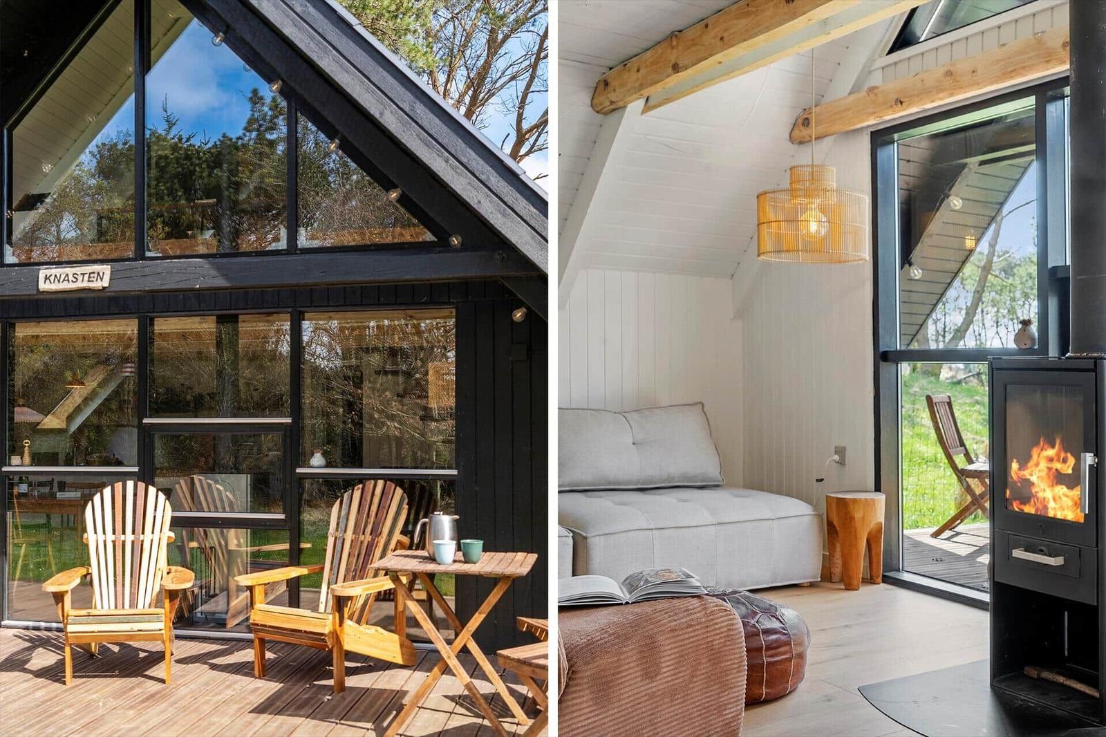 Holzveranda mit Sitzgelegenheiten und Blick in das Haus. Innen: Wohnbereich mit Sofa, Kamin und Glasfront.
