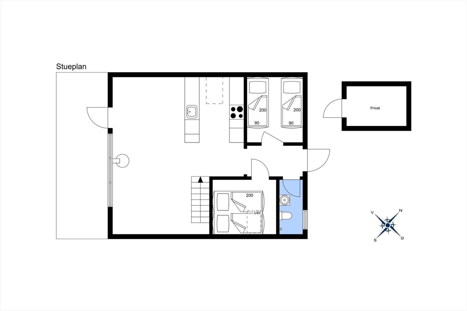 Stueplan zeigt Wohnbereich, Küche, zwei Schlafzimmer und Bad.