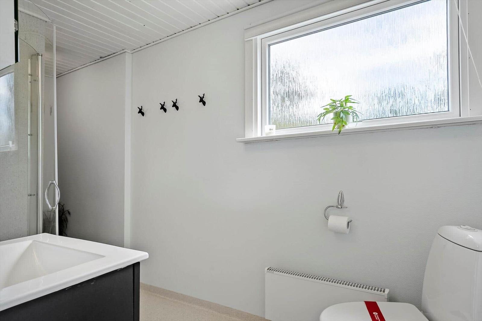 Badezimmer mit Toilette, Waschbecken und Dusche. Fenster mit Pflanze und Haken an der Wand.
