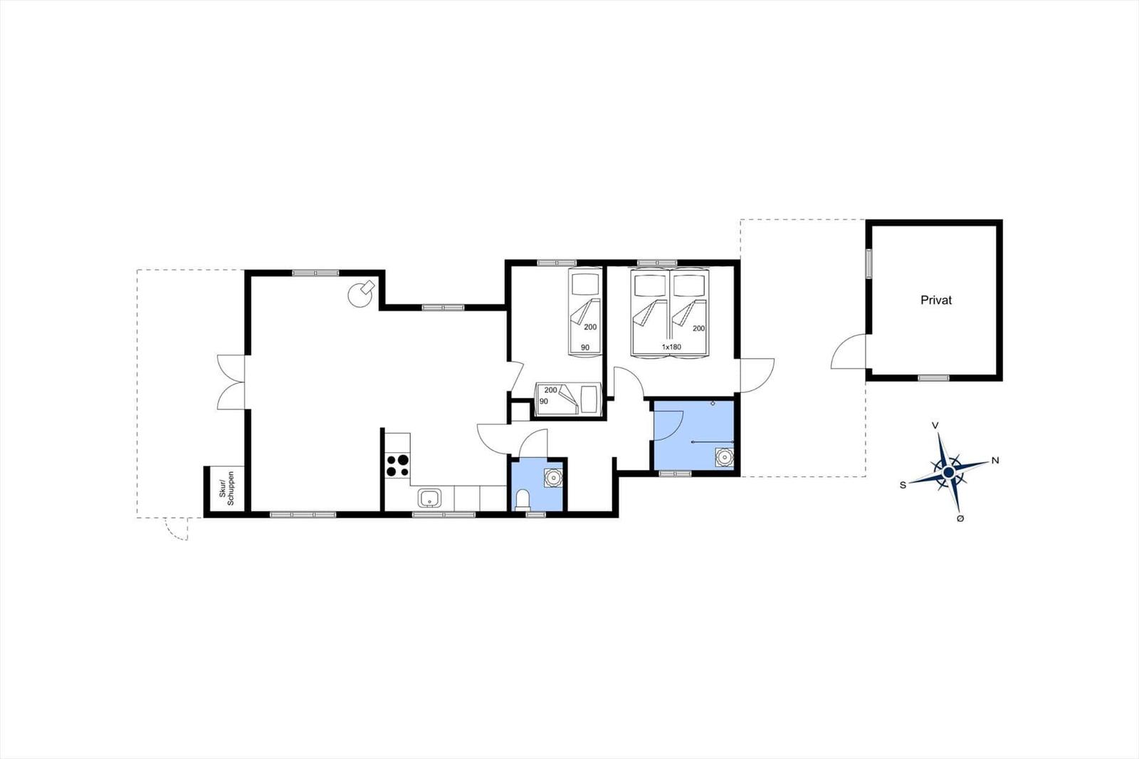 Apartment with kitchen, two bedrooms, and bathroom. Private area available.