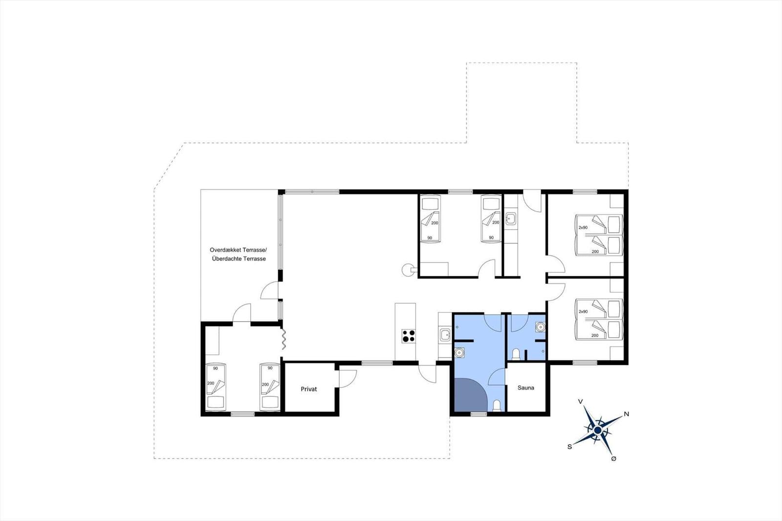 Ferienwohnung mit Sauna, überdachter Terrasse und mehreren Schlafzimmern.