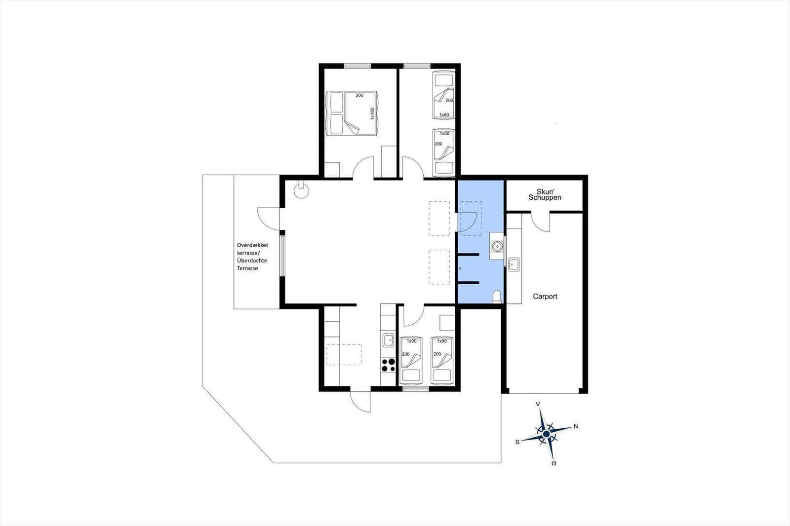 Funktionaler Grundriss mit Küche, Schlafzimmer, Bad und überdachter Terrasse.