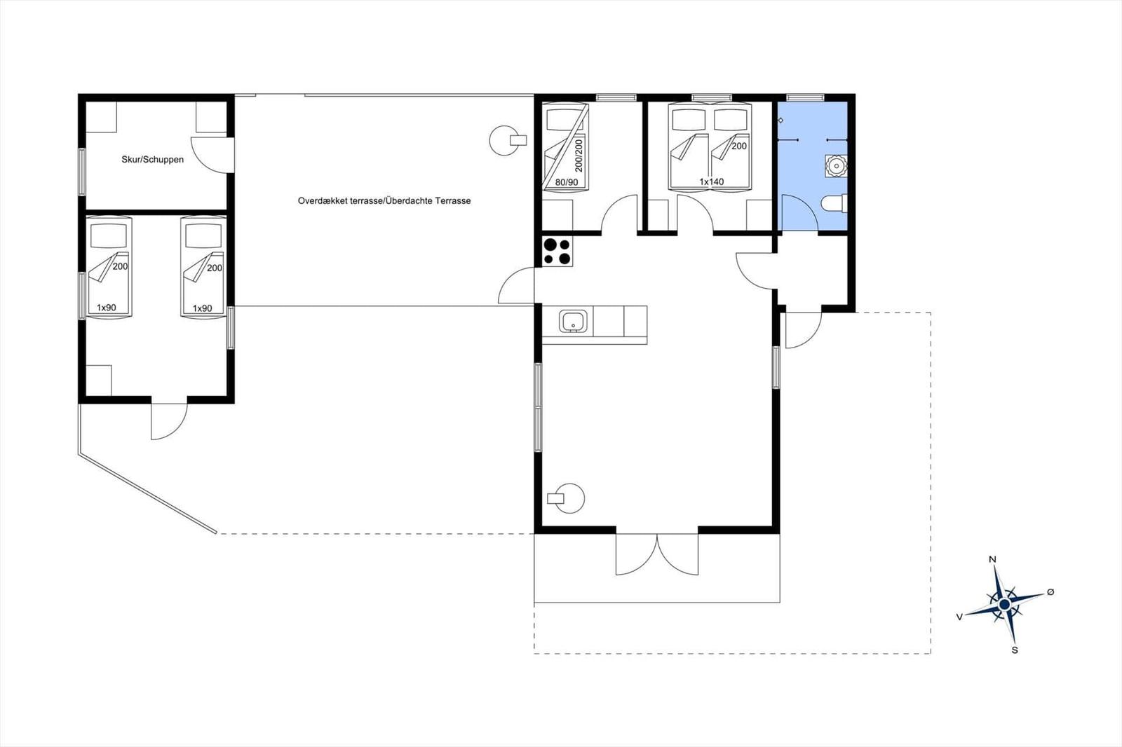 Wohnung mit drei Schlafzimmern, Küche, Bad und überdachter Terrasse.