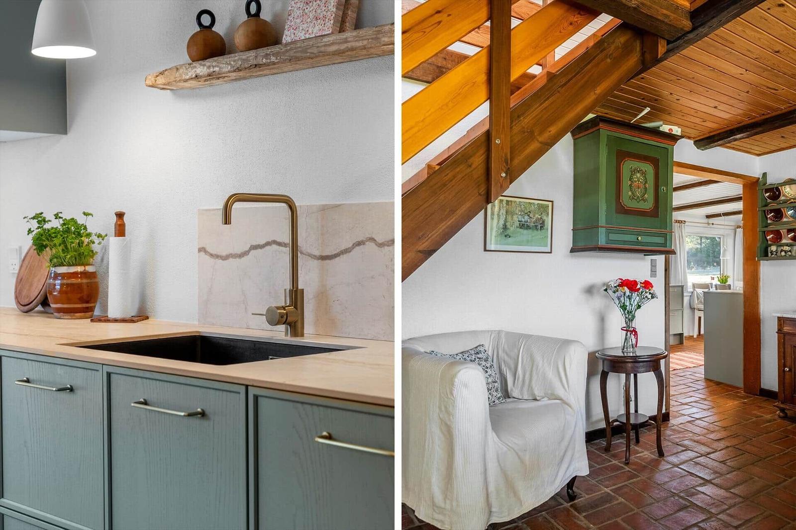 Kitchen with wooden cabinet and sink. Living area with armchair and wooden ceiling.