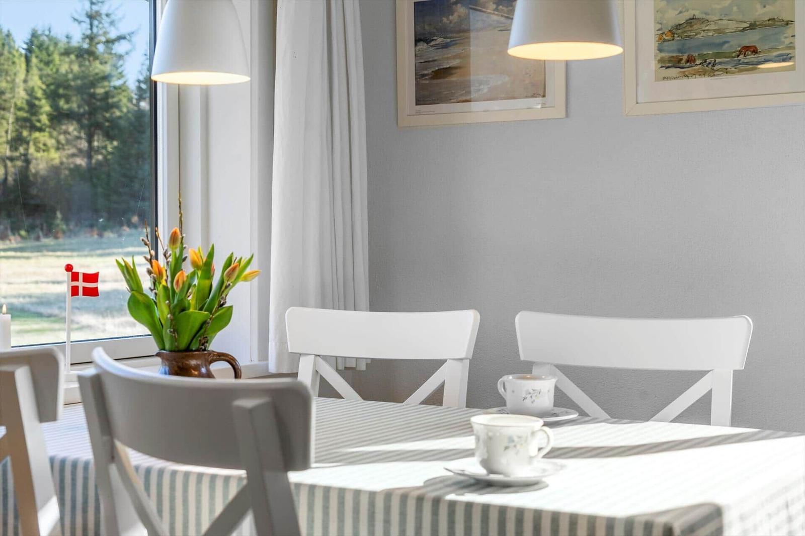 Dining room with table, chairs, and view of green field. Two pictures hang on the wall.