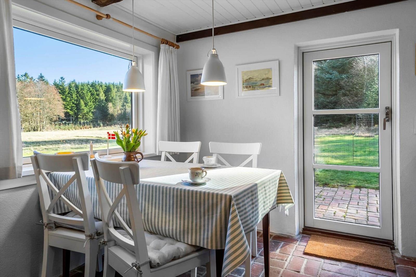 Dining table with chairs, window, and door to outdoor terrace.