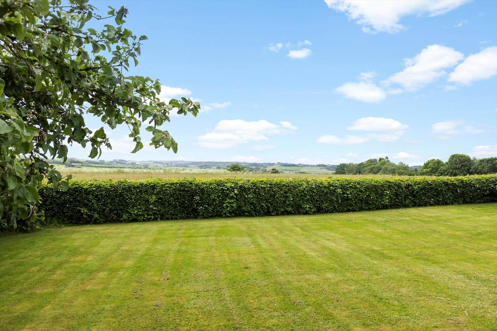 Grüner Rasenbereich mit Hecke und Blick auf Felder unter blauem Himmel.