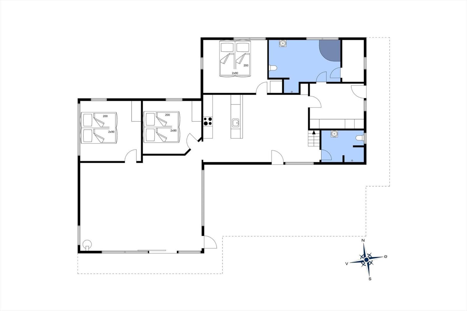 Die Wohnung hat drei Schlafzimmer, eine Küche, zwei Badezimmer und einen Wohnbereich.