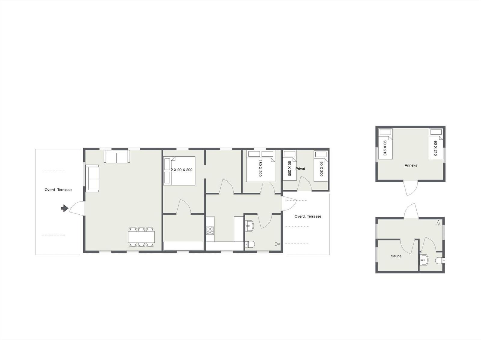Wohnung mit Küche, drei Schlafzimmern, Bad und Sauna. Überdachte Terrasse.