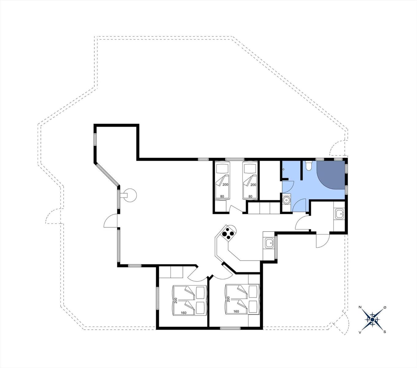 Wohnung mit drei Schlafzimmern, Küche und Bad. Grundriss mit Raumbelegung.