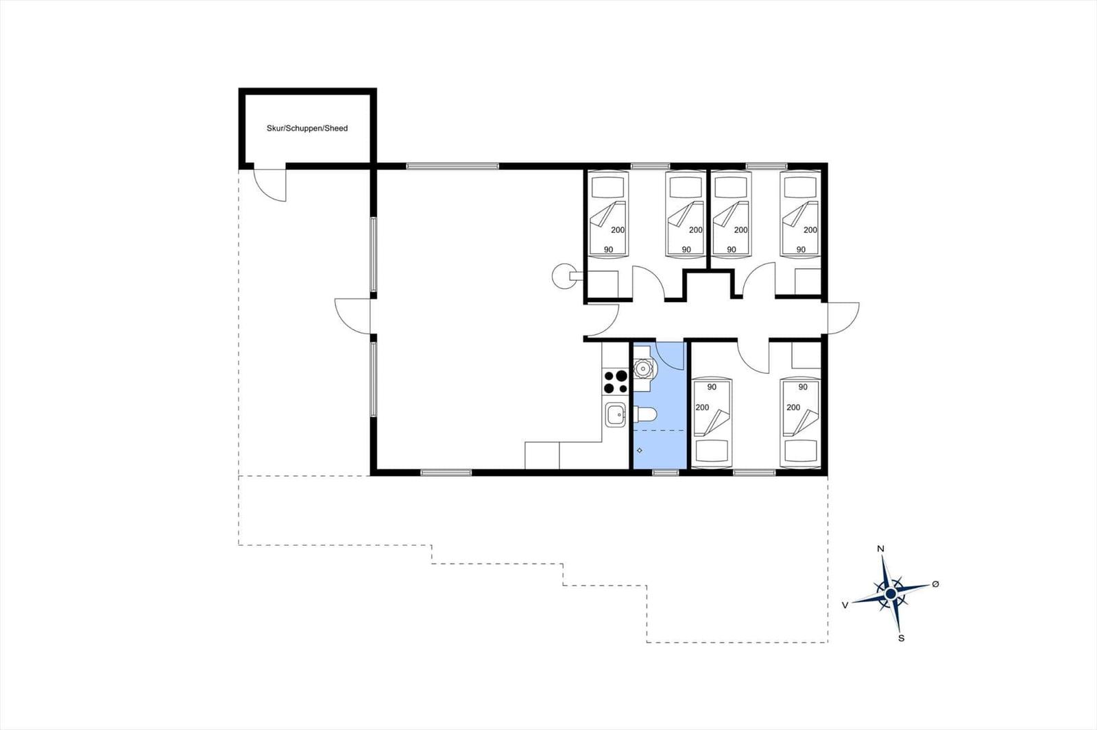 Floor plan with bedrooms, kitchen, and bathroom.