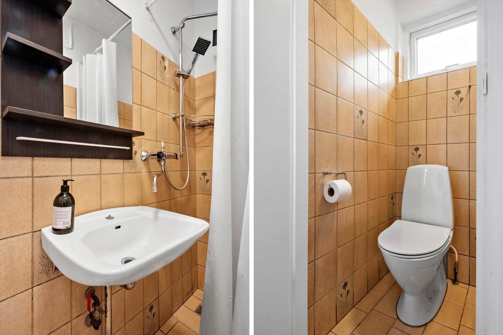 Bad mit Dusche, Waschbecken und Spiegel. WC-Zone mit Toilette und Toilettenpapierhalter.