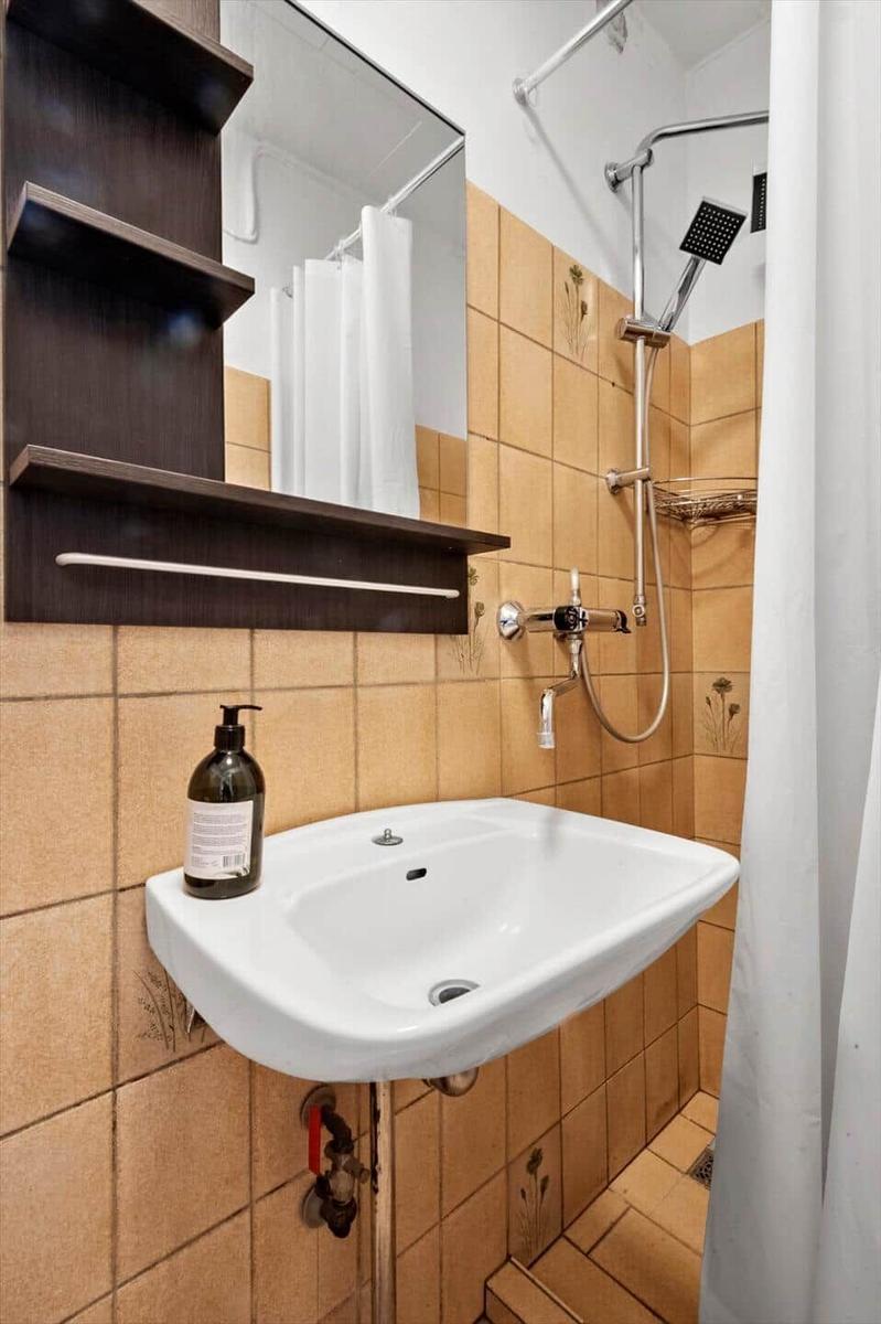Badezimmer mit Waschbecken, Duschbrause und dunklem Regal.