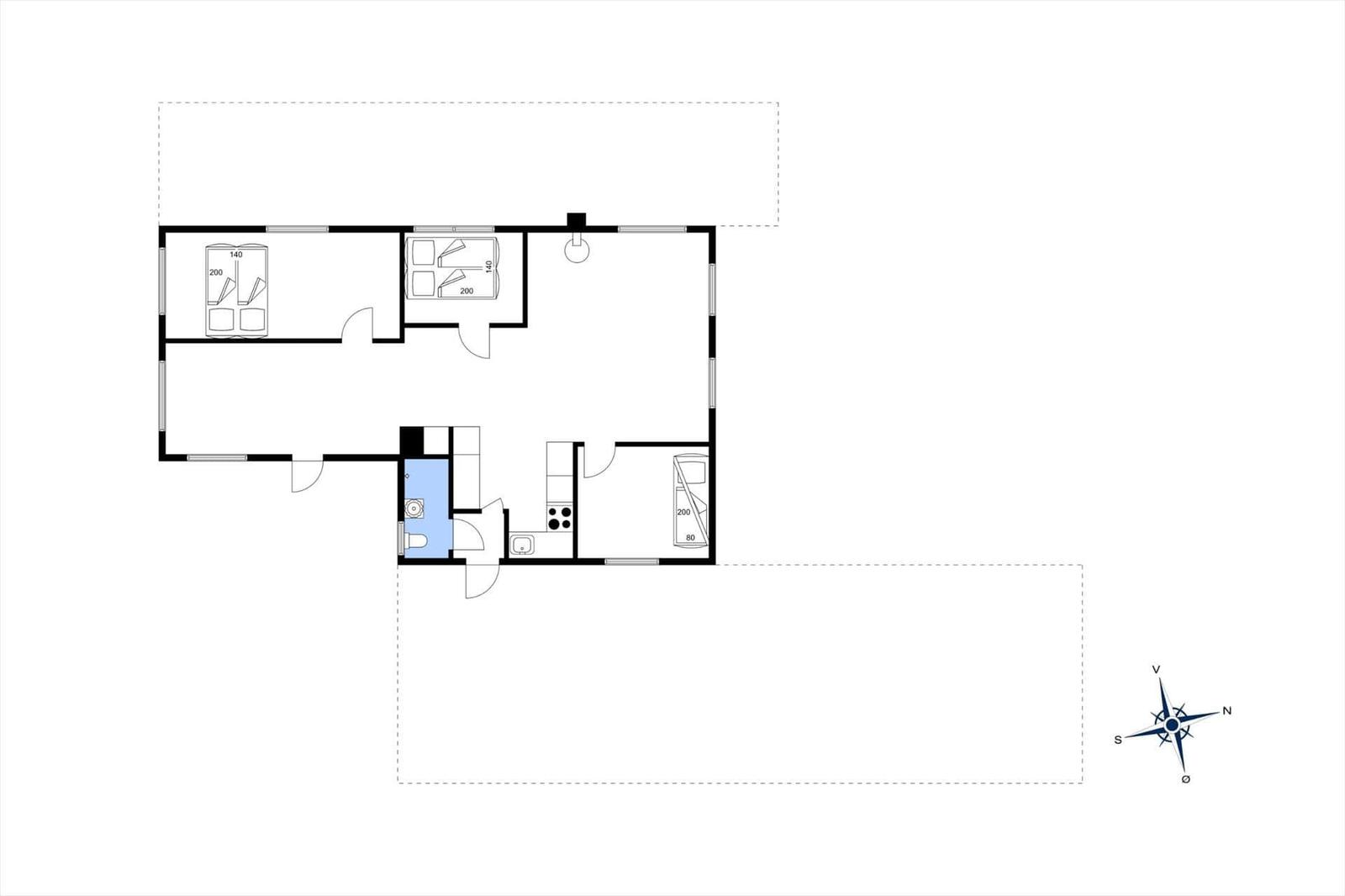 Wohnung mit zwei Schlafzimmern, Küche und Bad. Orientierung mit Kompass.