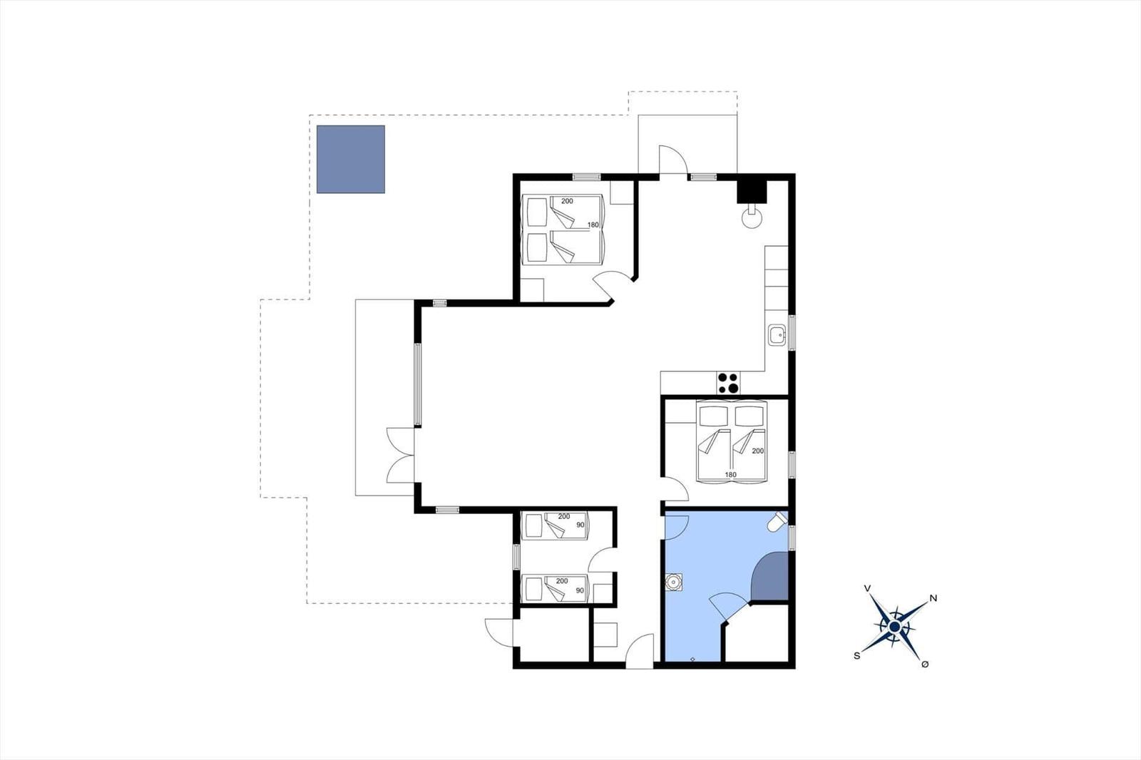 Wohnung mit drei Schlafzimmern, Küche und Bad. Grundriss zeigt Raumverteilung.