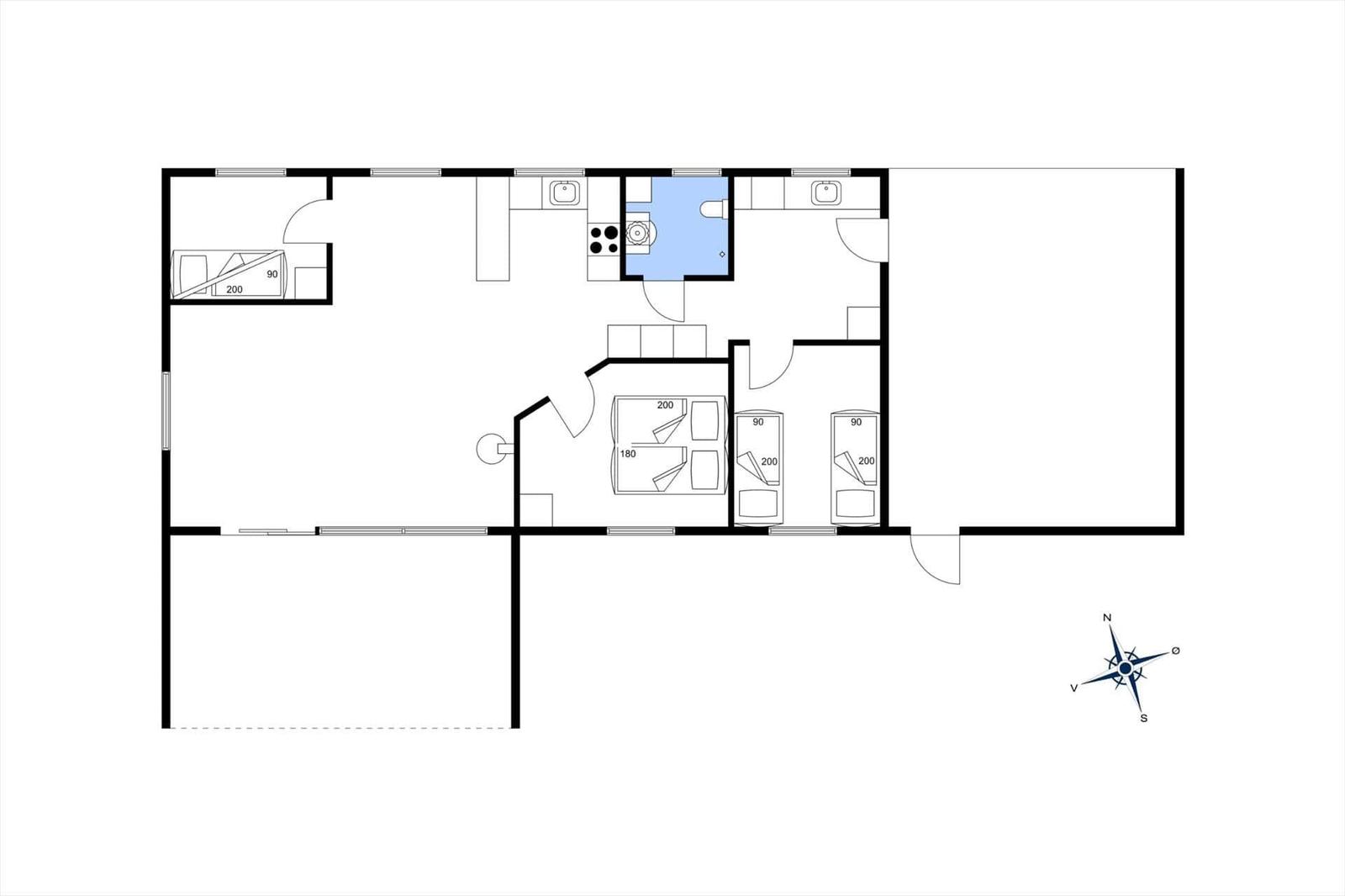Apartment with kitchen, bathroom, and three bedrooms. Large living area with window.