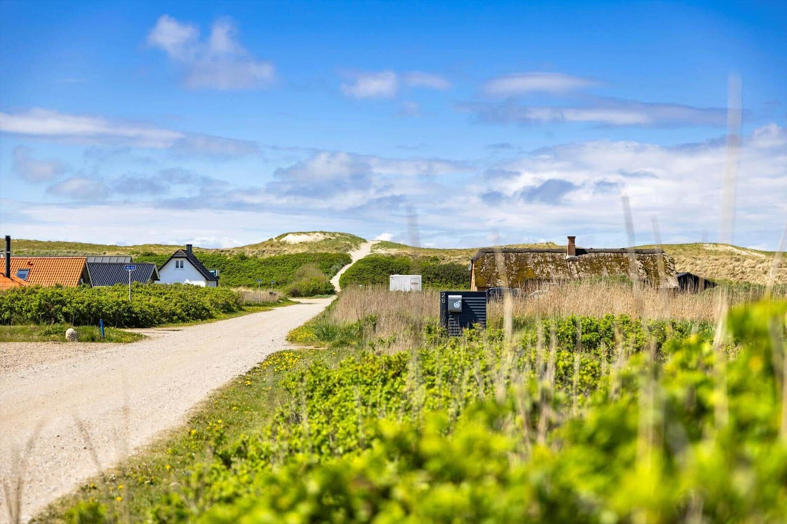 Dorfstraße mit Häusern und Dünen unter blauem Himmel.