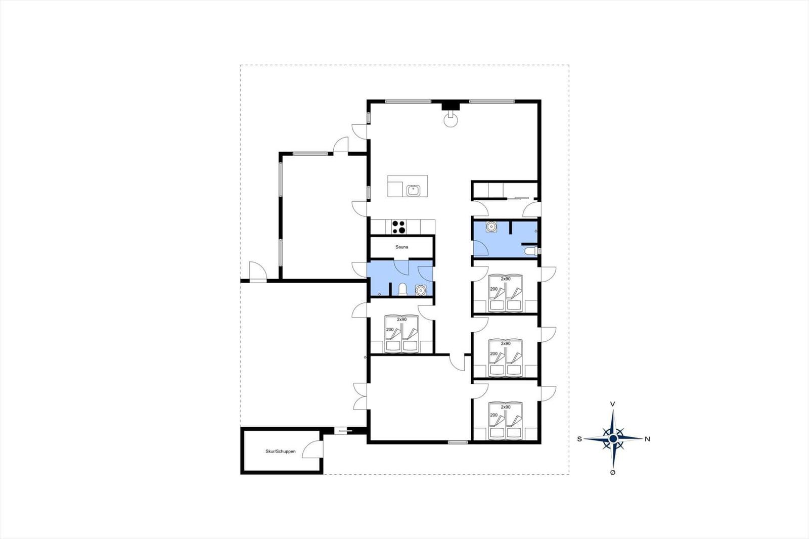 Dieses Haus hat drei Schlafzimmer, eine Sauna und eine Küche.