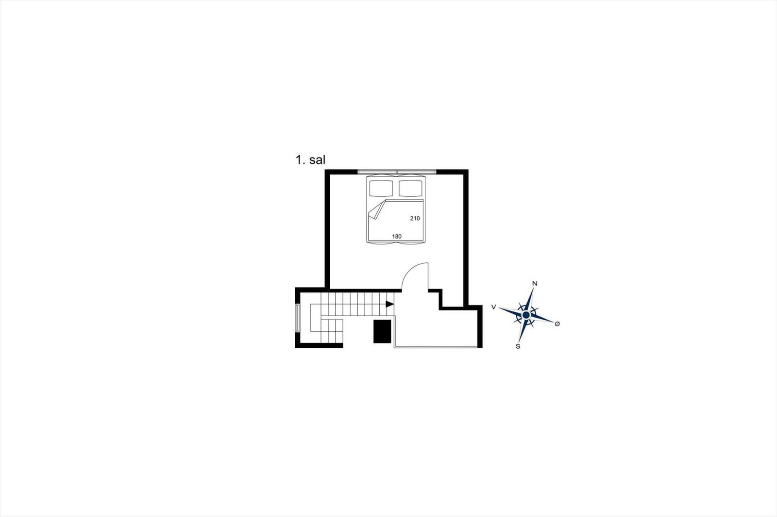 1st floor with bedroom, stairs, and compass