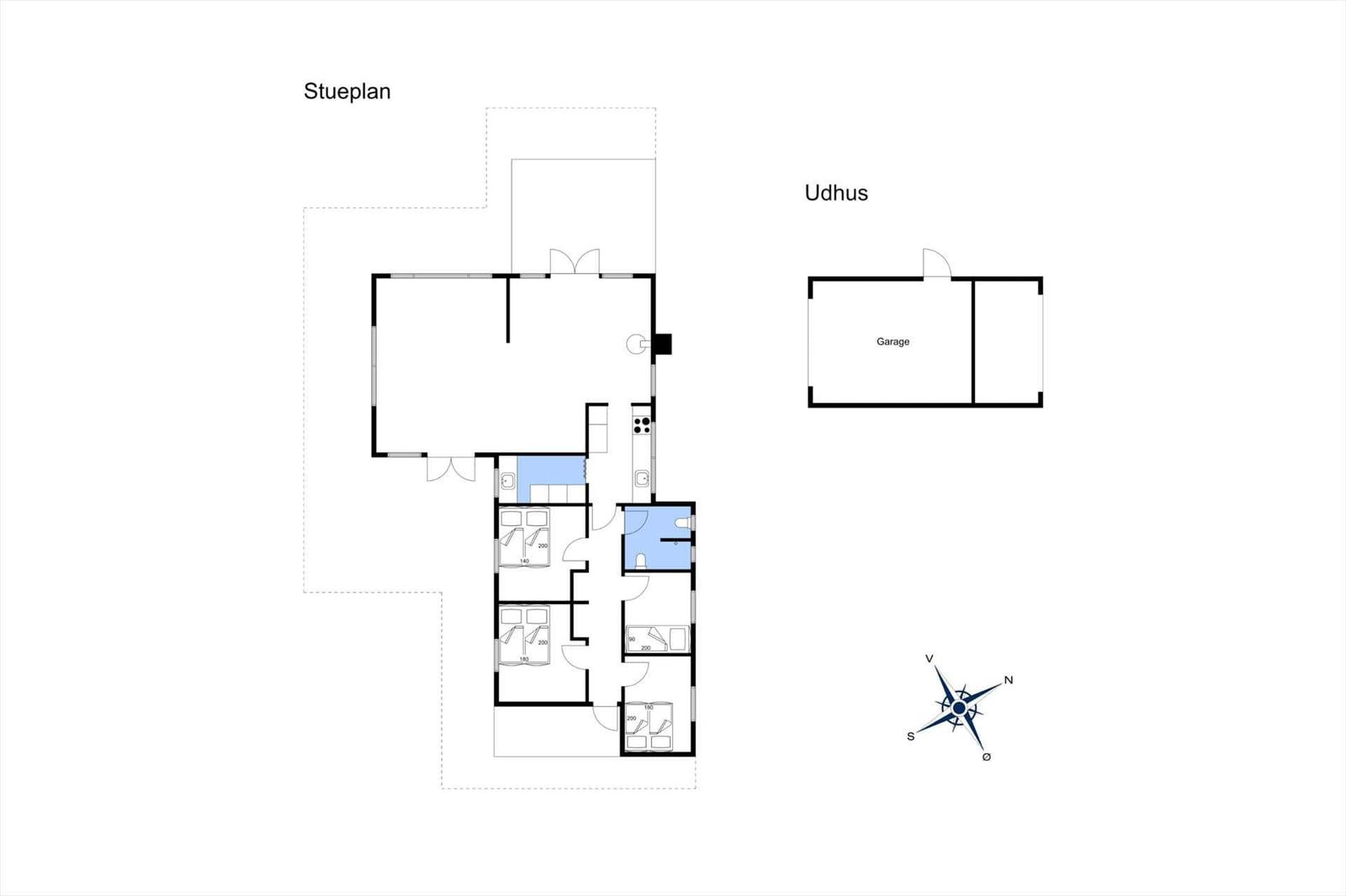 Stueplan zeigt Wohn- und Schlafzimmer, Küche und Garage. Komplett mit Orientierung.