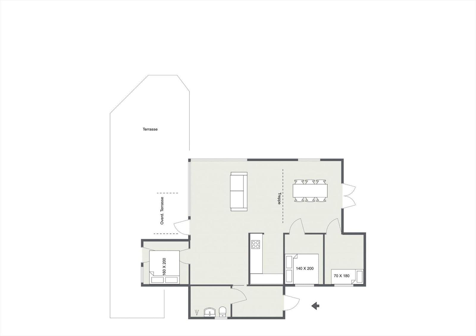 Wohnung mit Terrasse, Küche, Essbereich und Schlafzimmer