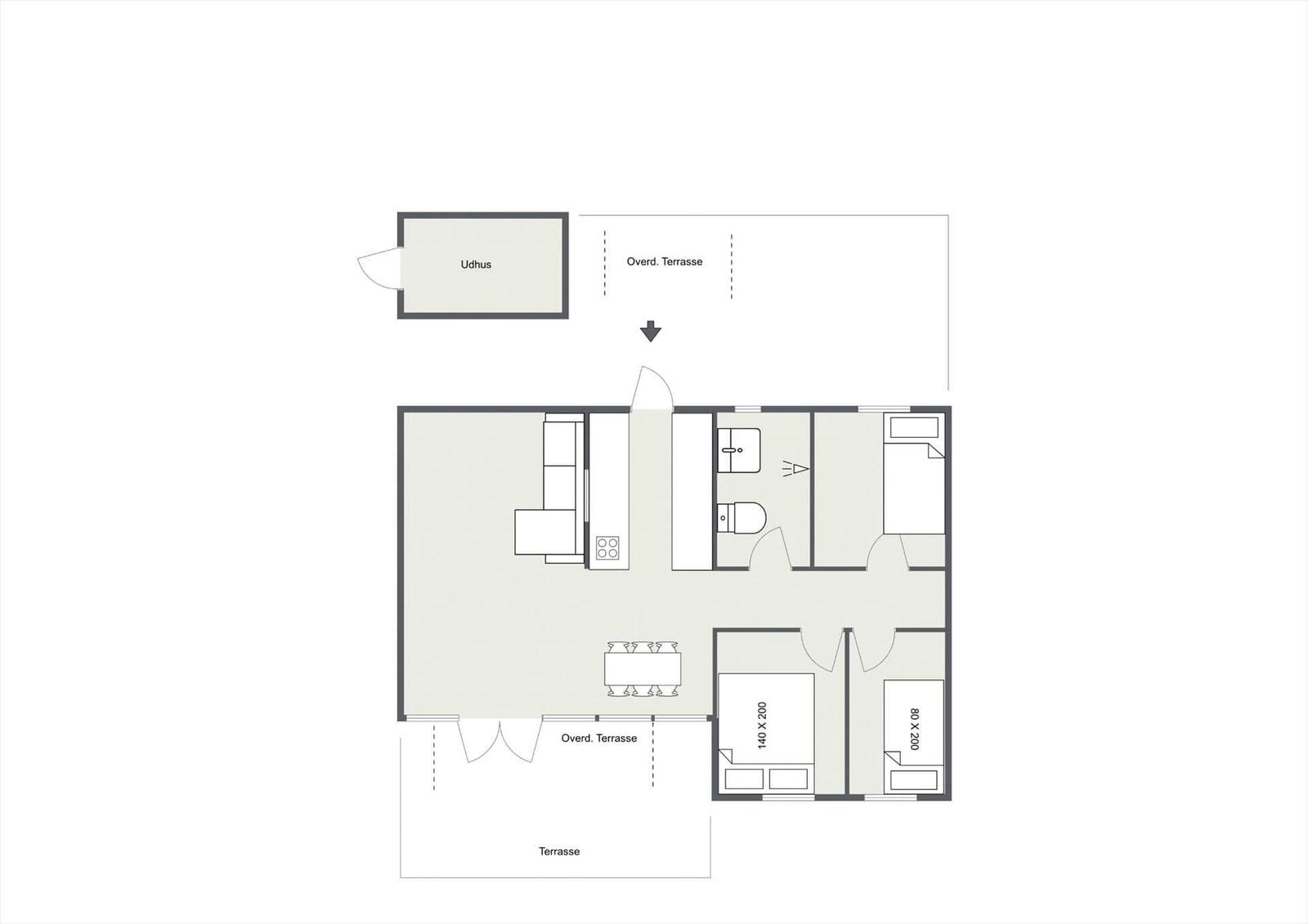 The apartment has two bedrooms, a kitchen, bathroom, and terrace.