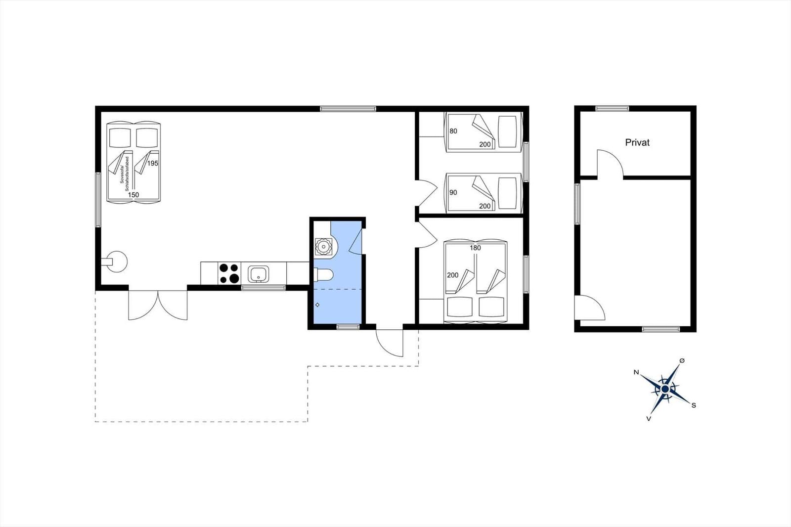 Apartment with kitchen, bathroom, and three bedrooms. Private room shown.