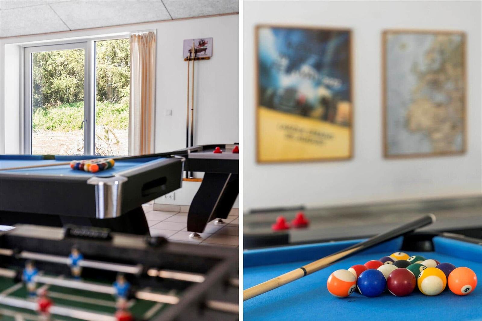 Billiard table with balls and cues. Window with view of green areas. Wall with pictures.
