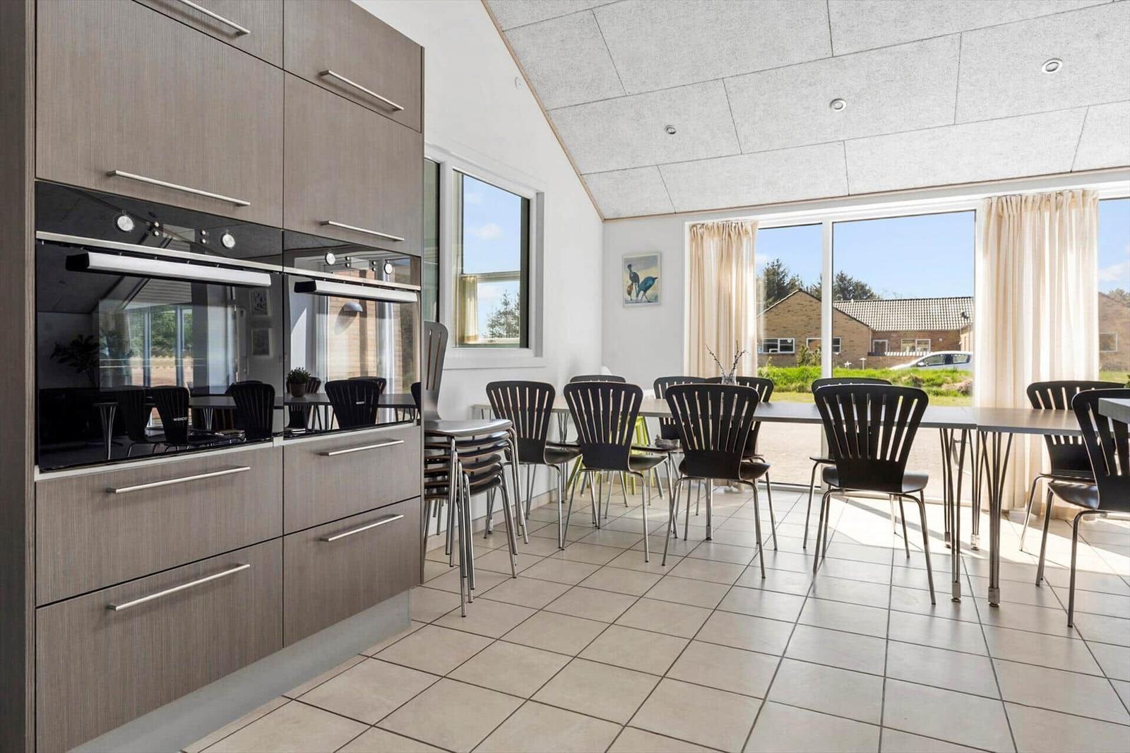 Modern kitchen with dining area and large window view
