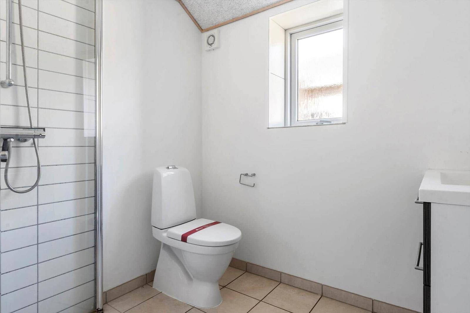 Bathroom with toilet, shower, and window