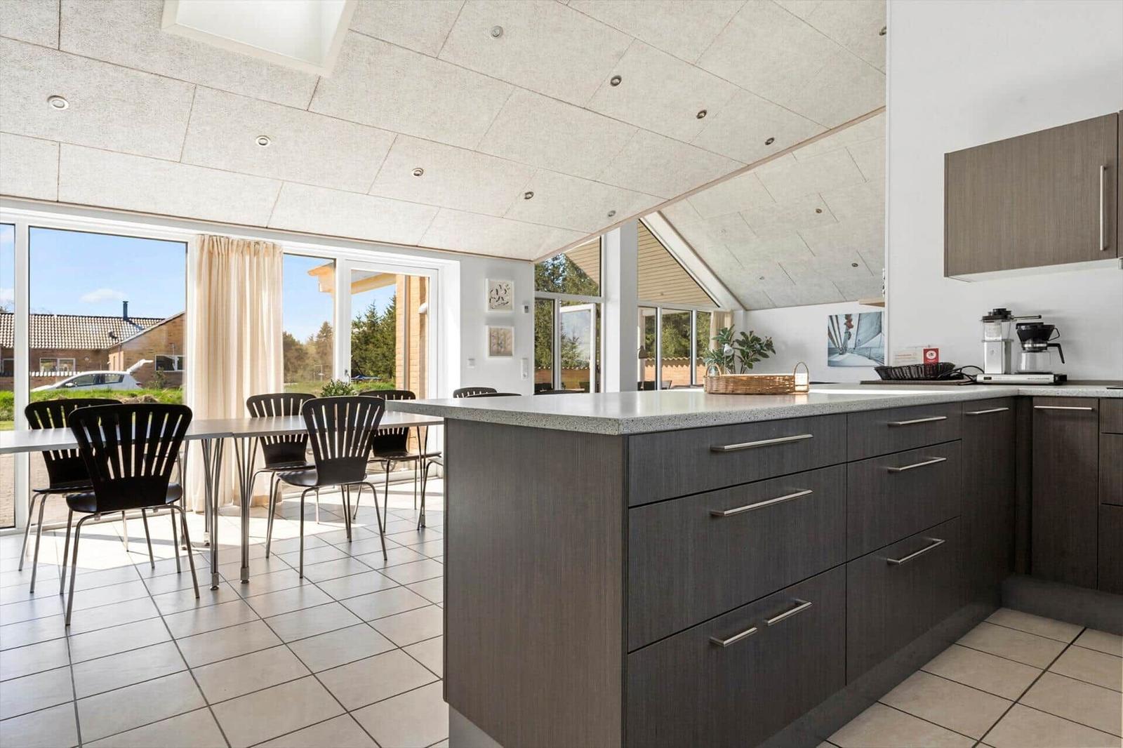 Modern kitchen with dining area and large window view