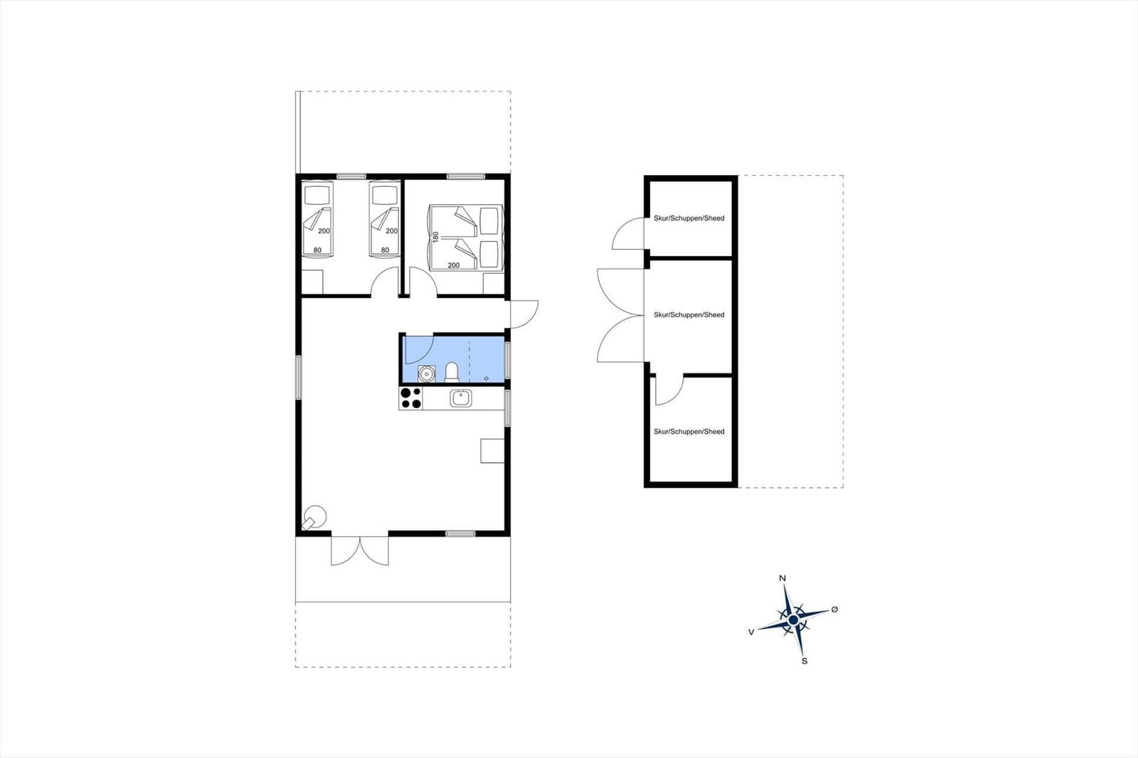 Apartment with three bedrooms, kitchen, and shower. Adjacent rooms are sheds.