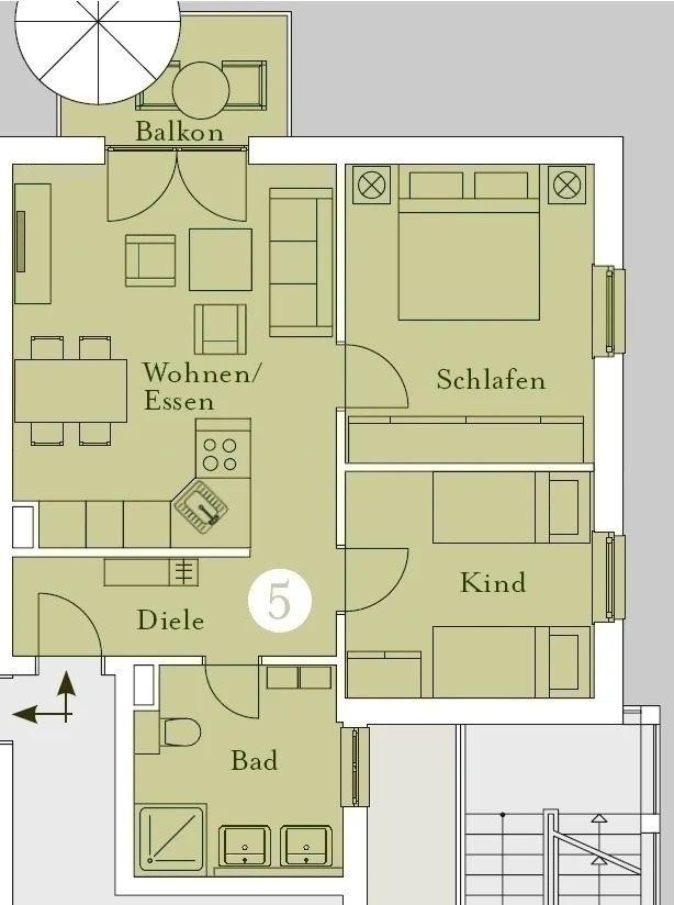 Dieses Haus hat einen Balkon, Wohn- und Essbereich, Schlafzimmer, Kinderzimmer, Bad und Diele.