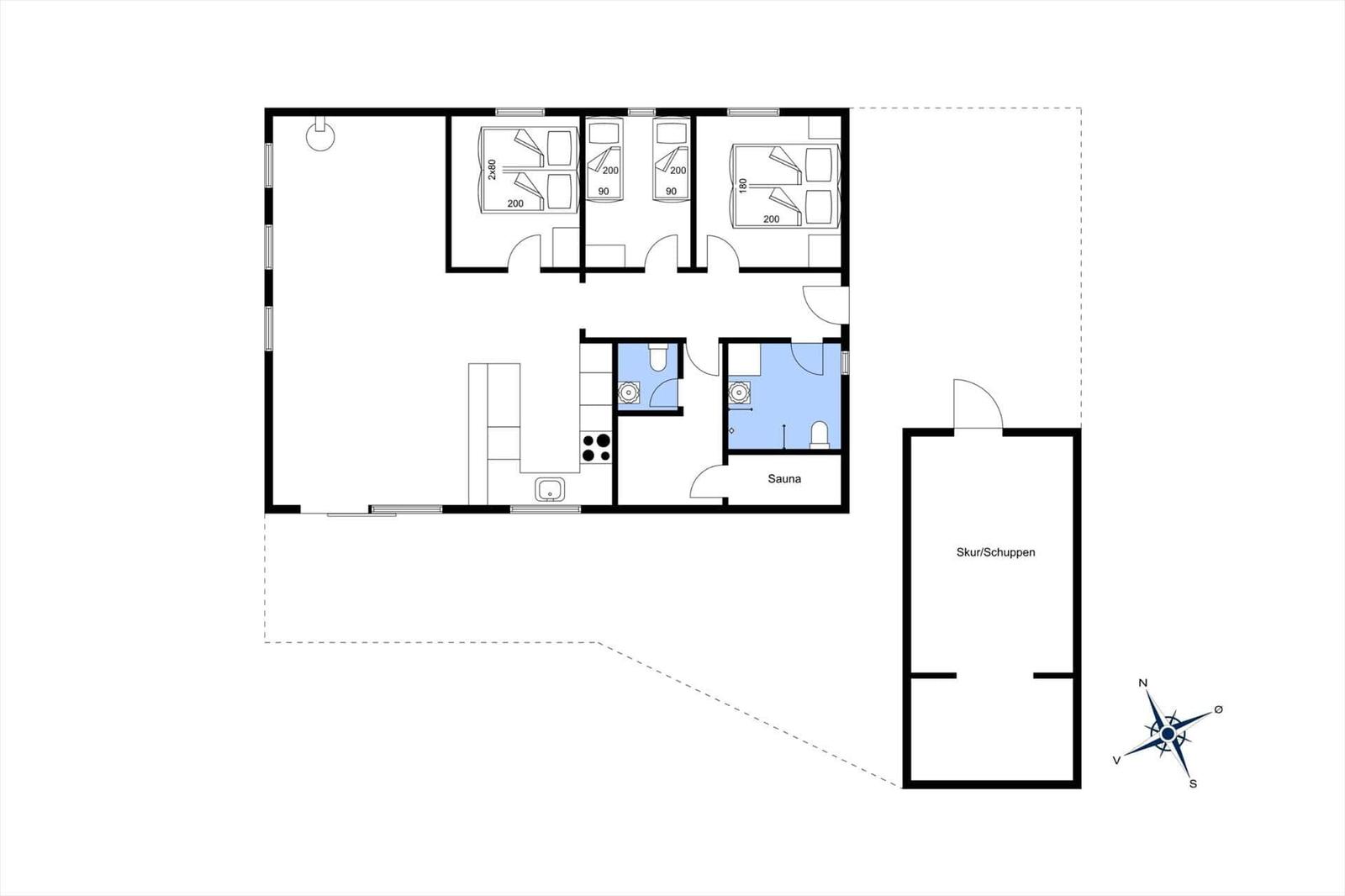 Wohnung mit vier Schlafzimmern, Küche, Sauna und Außenbereich.