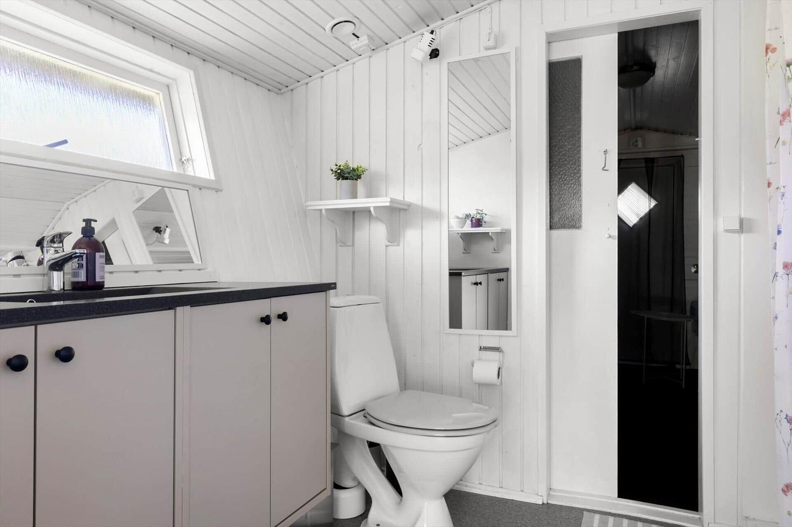 Bathroom with toilet, sink, and mirror. Door leads to shower.