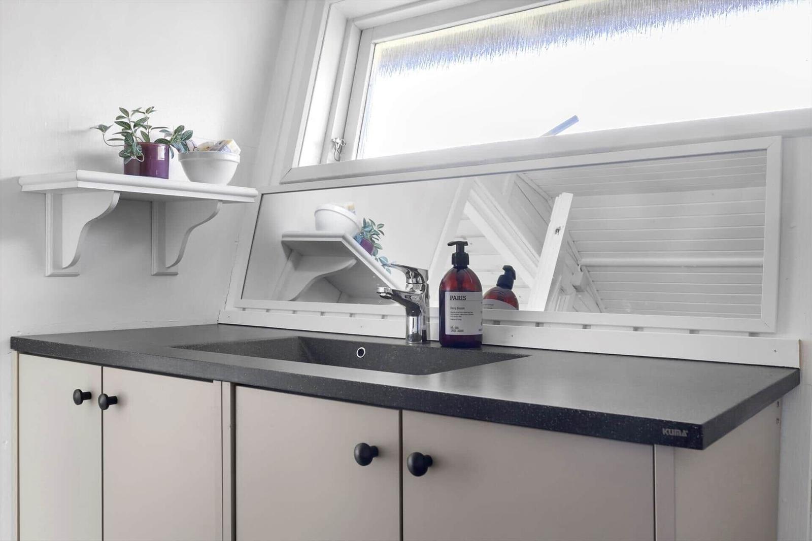 Sink with mirror and window above countertop