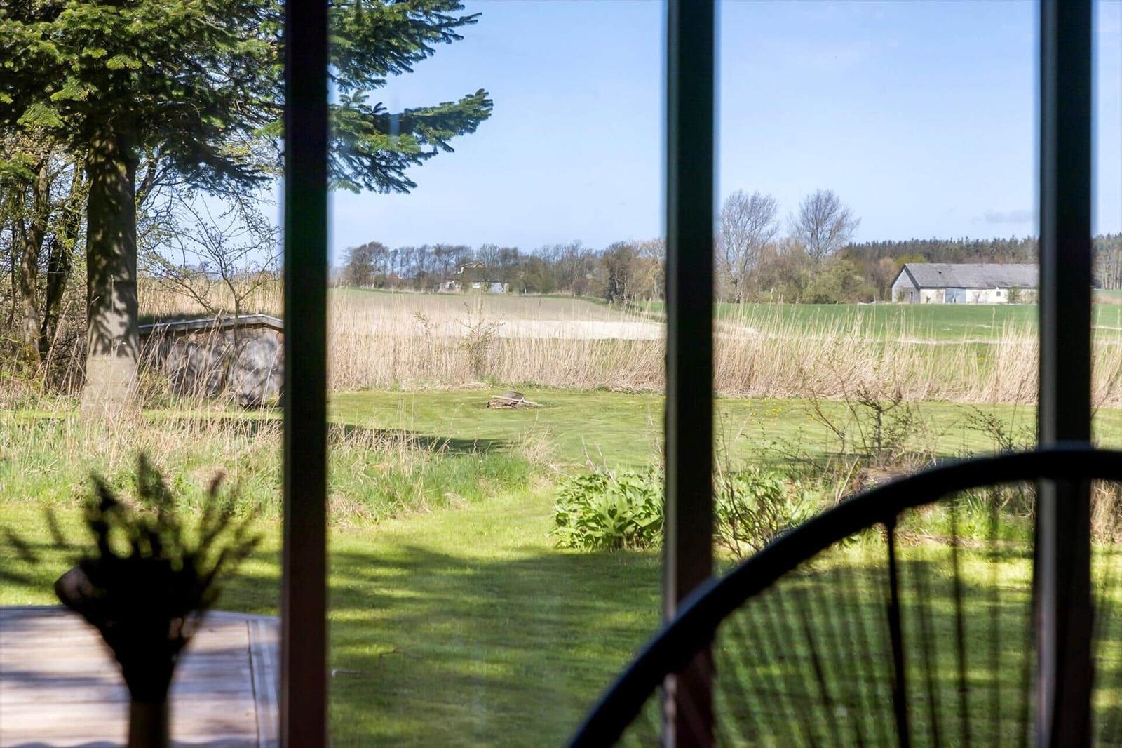 View through window to green field, trees, and a house in the distance.