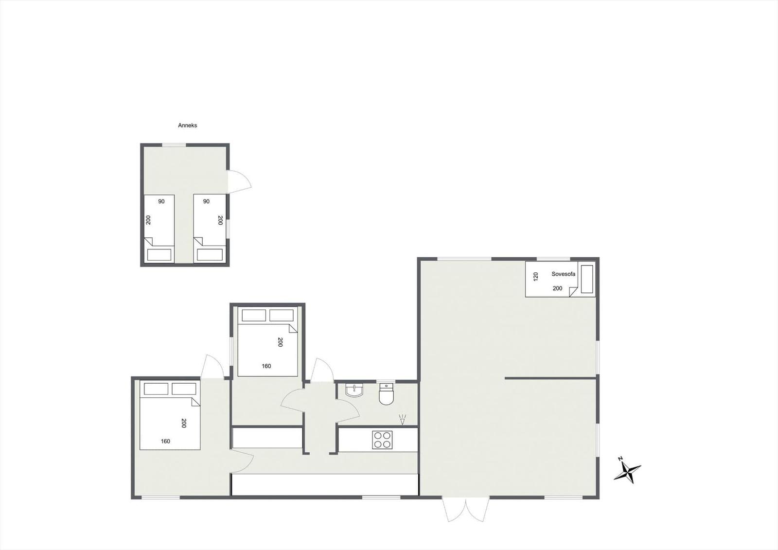Wohnung mit zwei Schlafzimmern, Küche und Bad. Anbau mit zwei Schlafzimmern.