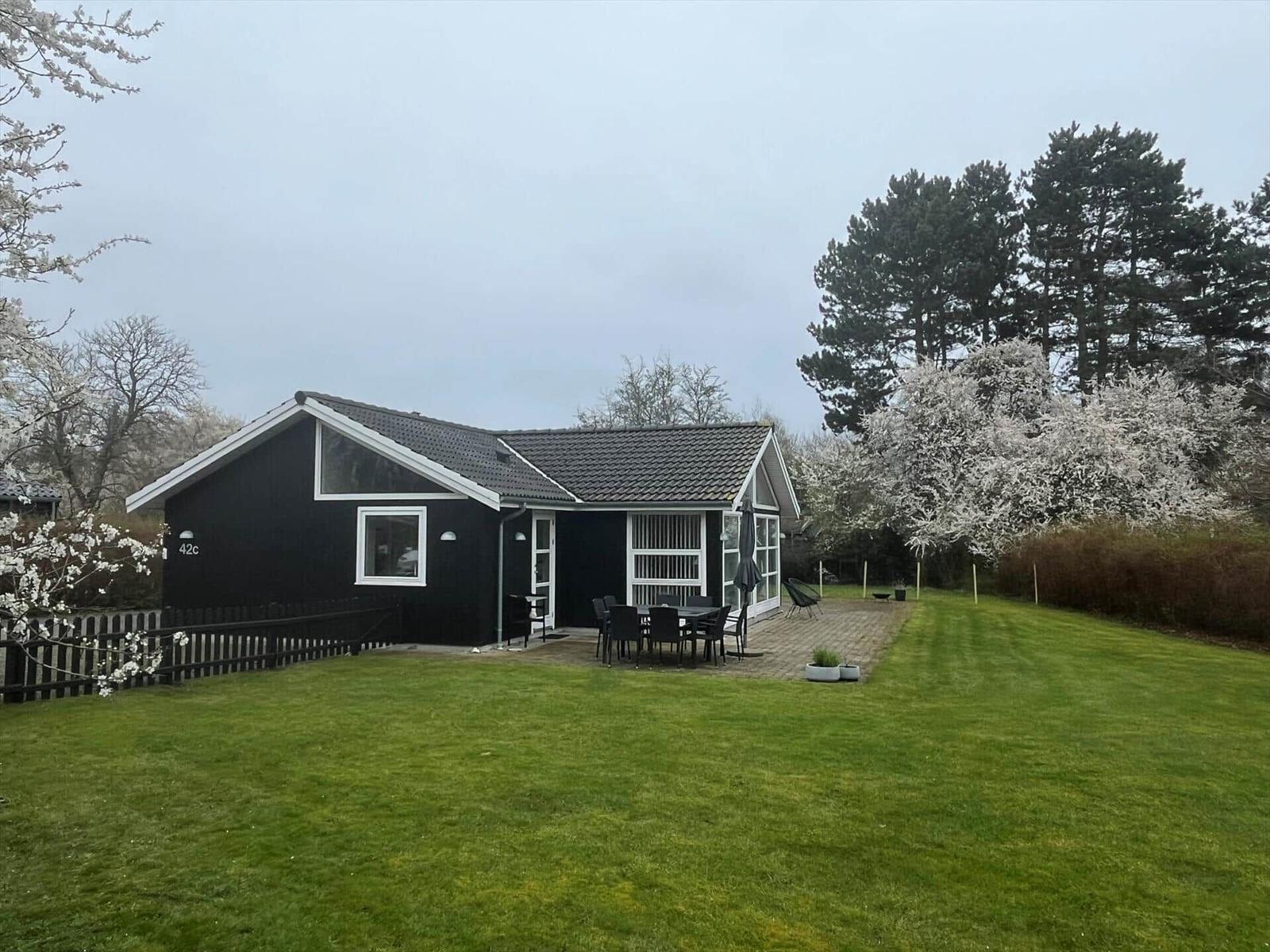 Black holiday home with garden, terrace, and table. Blooming trees and lawn area.
